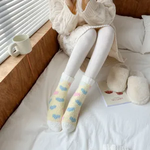 Cozy coral fleece fuzzy mid-tube socks with cute cloud pattern, warm and soft home floor socks.
