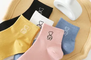 Women cute bear embroidered short socks set, comfortable ribbed cotton casual daily wear.