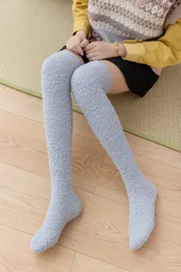 Women fuzzy over-the-knee socks coral fleece winter warm solid color cozy sleep stockings