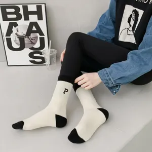 Thickened winter thermal socks with letter P embroidery, contrast color design for women.