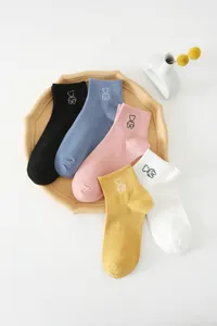 Women cute solid color short cotton socks with bear embroidery, comfortable daily wear.