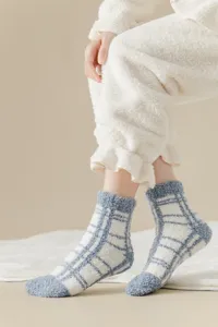 Winter thick coral fleece plaid women floor socks cozy warm soft indoor hosiery new