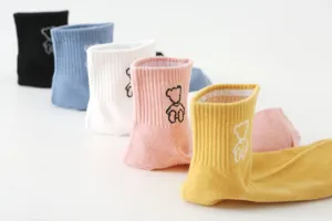 Cute cotton short socks with adorable bear embroidery, colorful daily wear view detail.