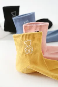 Cute Korean style cotton socks with lovely bear embroidery, soft and comfortable for daily wear.