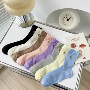 Chic floral embroidered mid-calf women socks, cute Korean style breathable ribbed cotton socks.