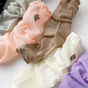 Cute ribbed knit leg warmers with sweet tulip embroidery, breathable pastel mid tube socks.