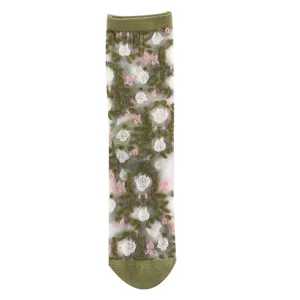 Women's sheer glass silk mid-tube socks with elegant floral embroidery for summer fashion.