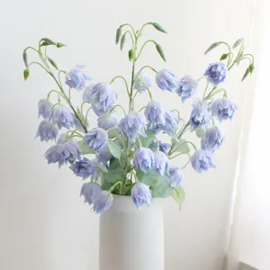 Artificial bellflower silk flowers in white ceramic vase, elegant floral decor for home and wedding.