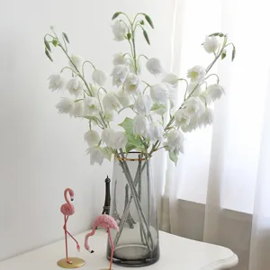 Artificial white bellflower silk flowers bouquet in glass vase for home wedding room decor.