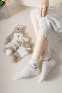 Breathable mesh short socks for women, cute embroidered design, soft cotton summer boat socks.