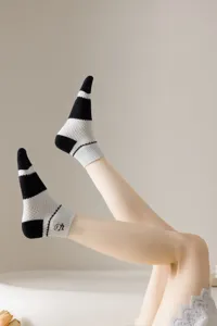 Women breathable mesh short socks with black and white stripes and cute ankle embroidery.