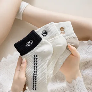 Women breathable mesh short socks spring summer casual cute embroidered ankle socks set