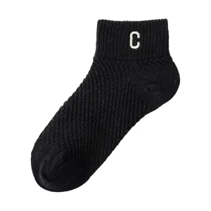 Women black mesh breathable short socks with white letter embroidery for spring summer daily wear