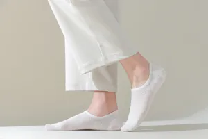 Close-up detail of white breathable mesh men's summer boat socks, showing knit texture.