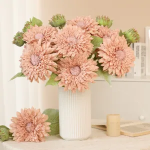 Bouquet di girasoli artificiali per decorazione casa, fiori finti rosa con vaso.