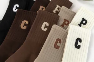Women ribbed crew socks autumn winter casual solid color vintage slouch socks with letters