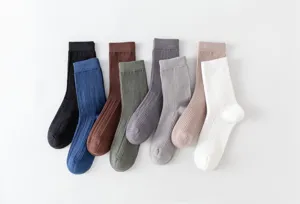 Multiple colors mens ribbed crew socks set, comfortable solid cotton daily wear casual socks.