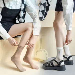Women spring summer thin mid tube socks cute floral embroidery breathable casual hosiery
