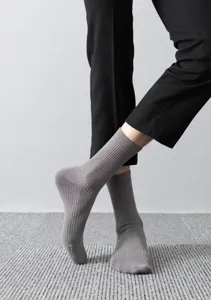 Men's grey ribbed mid-calf crew socks, comfortable cotton casual breathable daily wear socks.