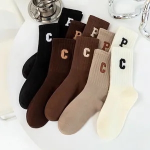 Women autumn winter mid tube socks casual solid color stack socks with embroidered letters