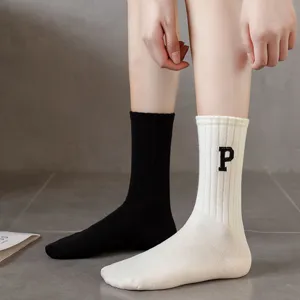 Women winter cotton mid-calf socks casual solid color retro style daily wear hosiery pair