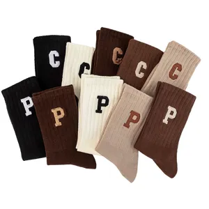 Women's autumn winter mid-tube knit socks with vintage letter embroidery solid color slouch socks