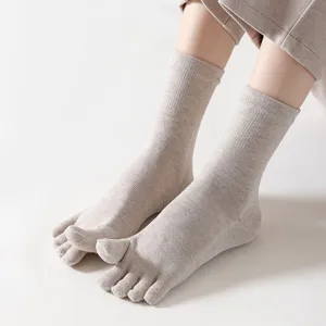 Beige toe socks women five finger mid tube vintage yoga fitness socks main view display