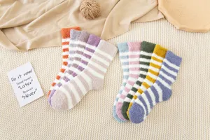 Cozy plush striped fuzzy socks for women, thick warm winter crew socks in cute multi colors.