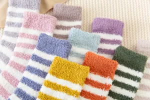 Cozy coral fleece socks with colorful stripes, thick and warm mid-tube winter socks for women.