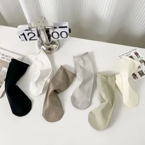 Solid color rolled cuff mid-calf socks for women, breathable thin cotton summer socks, 6 colors.