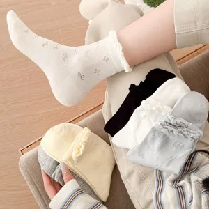 Women thin hollow mid-tube socks bow ballet style lace stack socks comfortable cotton hosiery