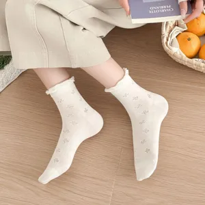 Women thin hollow mid-tube socks with cute bow and lace ruffle design, comfortable ballet socks.