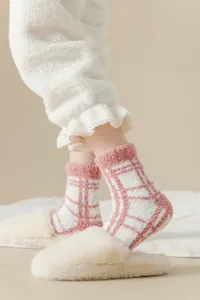 Cozy thick fuzzy plaid fleece women floor socks, soft warm winter plush socks for daily indoor wear.