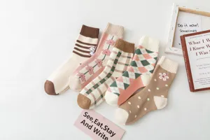 Women cute winter cotton terry socks cozy autumn floral plaid striped warm crew socks set