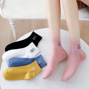 Women's Korean Style Cotton Short Socks Casual Solid Color Cute Bear Embroidery Ankle Socks