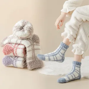 Women Winter Thickened Coral Fleece Floor Socks Plaid Warm Cozy Hosiery Ladies Sweet Home Indoor Sleeping Socks