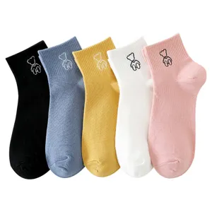 Cute Korean style women short socks with lovely bear embroidery, soft cotton everyday wear.