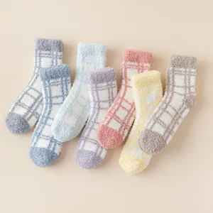 Women cozy fuzzy plaid coral fleece socks, thick soft warm winter indoor home floor socks.