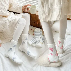 Cozy fuzzy coral fleece mid-tube socks for women, thick warm winter floor socks.