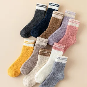 Women winter warm coral fleece striped mid-calf socks soft thick floor socks main view