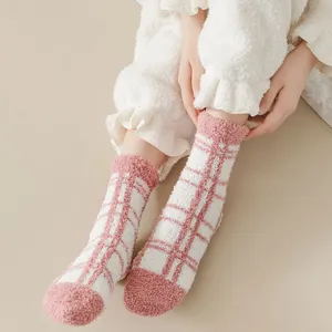 Thickened plush coral fleece women socks warm winter plaid floor socks cozy sleep hosiery