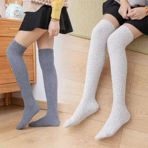 Women over-the-knee coral fleece warm winter long socks solid color thick sleep socks