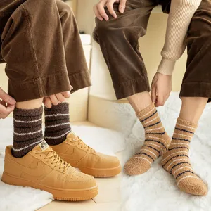 Men's Thickened Coral Fleece Sleep Socks Winter Warm Striped Thermal Floor Socks