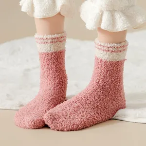 Cozy winter coral fleece striped mid-calf socks for women, warm and soft daily wear.