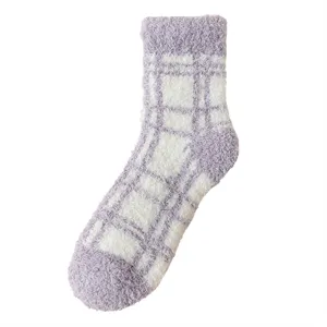 Cozy coral fleece fuzzy socks for women winter warm thick plaid floor socks cute sleep socks