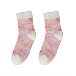 Women fuzzy fleece cozy mid-tube socks with cute colorful heart patterns for home winter.