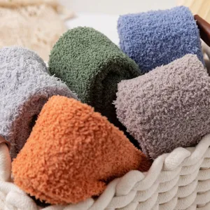 Cozy coral fleece winter socks, soft thickened warm home sleep socks in various colors.