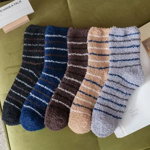 Men's Thickened Coral Fleece Striped Sleep Socks Cozy Winter Floor Socks Multi-Color 5-Pack