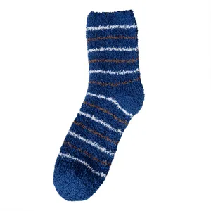 Men's thick coral fleece crew fuzzy winter socks with blue and striped design for home sleeping.
