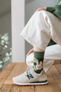 Cute cartoon bunny green camouflage fleece winter warm socks for women comfy daily casual wear.
